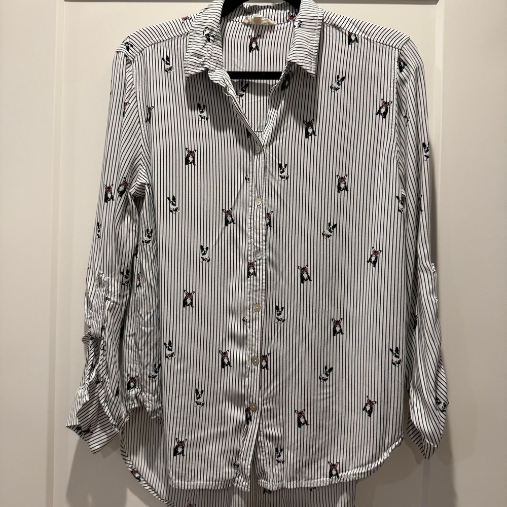 Whimsical Dog Print Jane & Delancey Striped Button Down Shirt S Frenchie